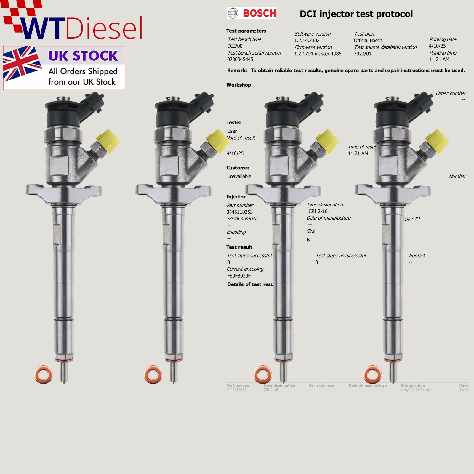 X4 Ford Focus II Injector | 1.6 TDCi | Bosch 0445110353 9M5Q9F593AA