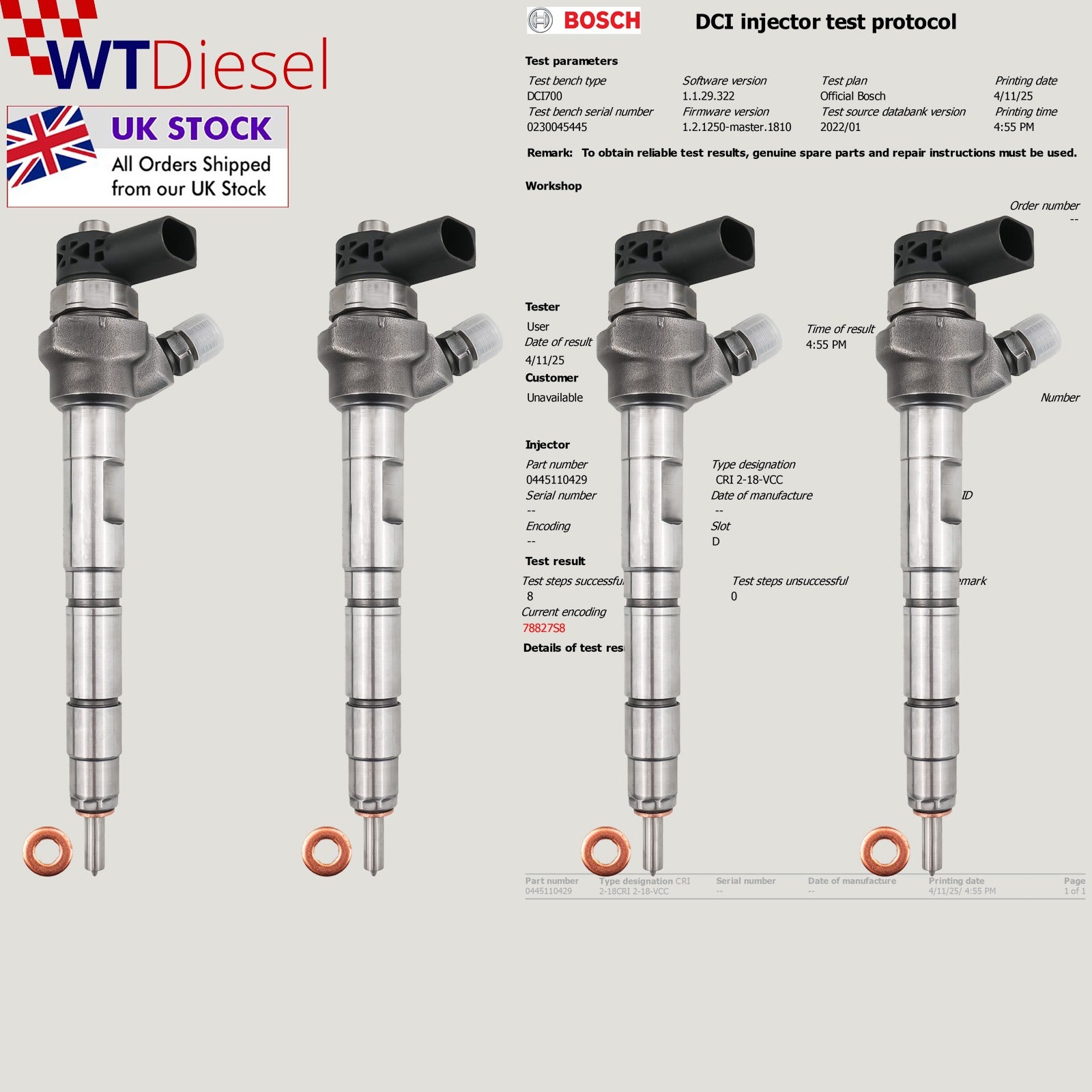 X4 Audi Seat VW Injector | 2.0 TDI | Bosch 0445110429 03L130277N