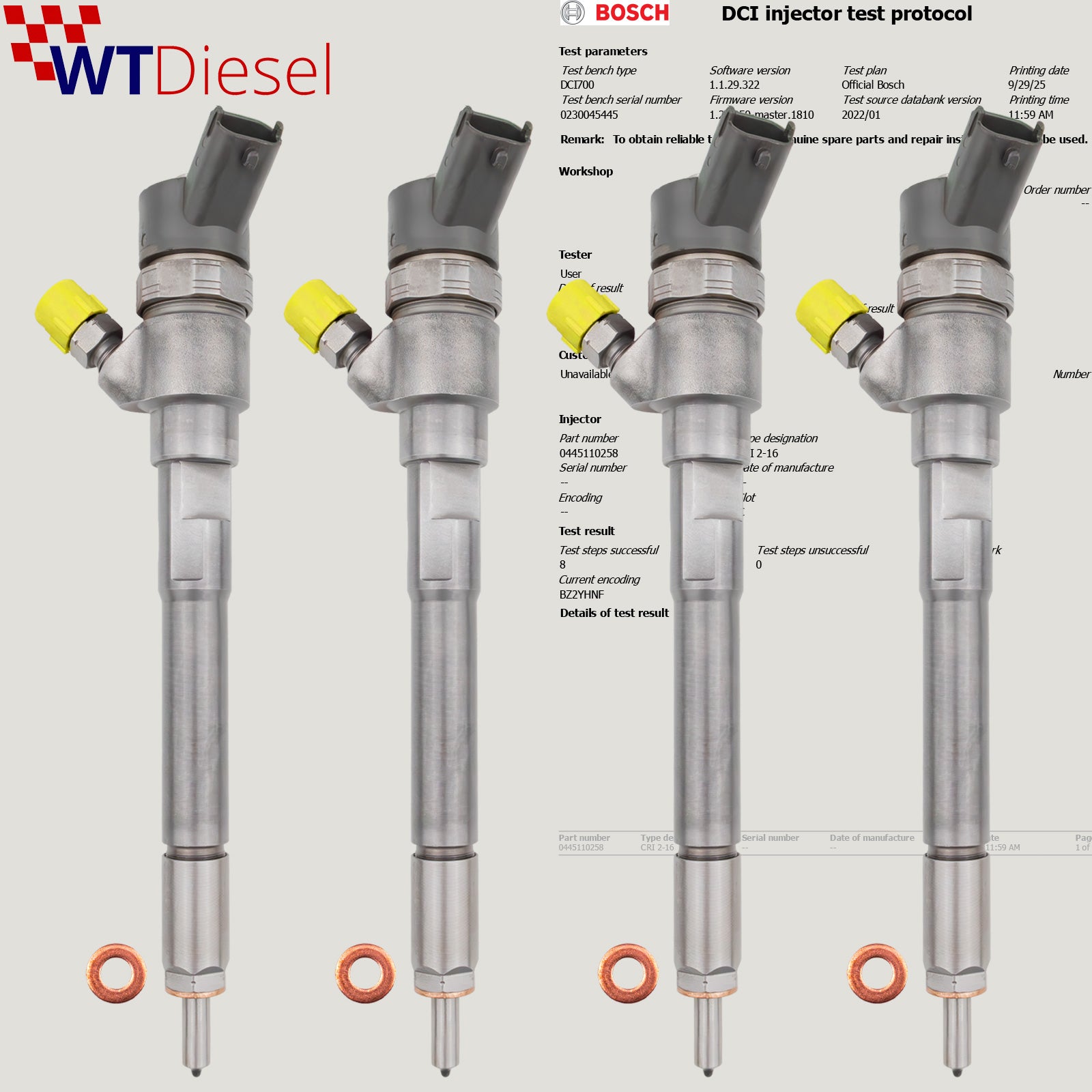 X4 Kia Carens Diesel Injector |2.0 CRDi| Bosch 0445110258 33800-27400