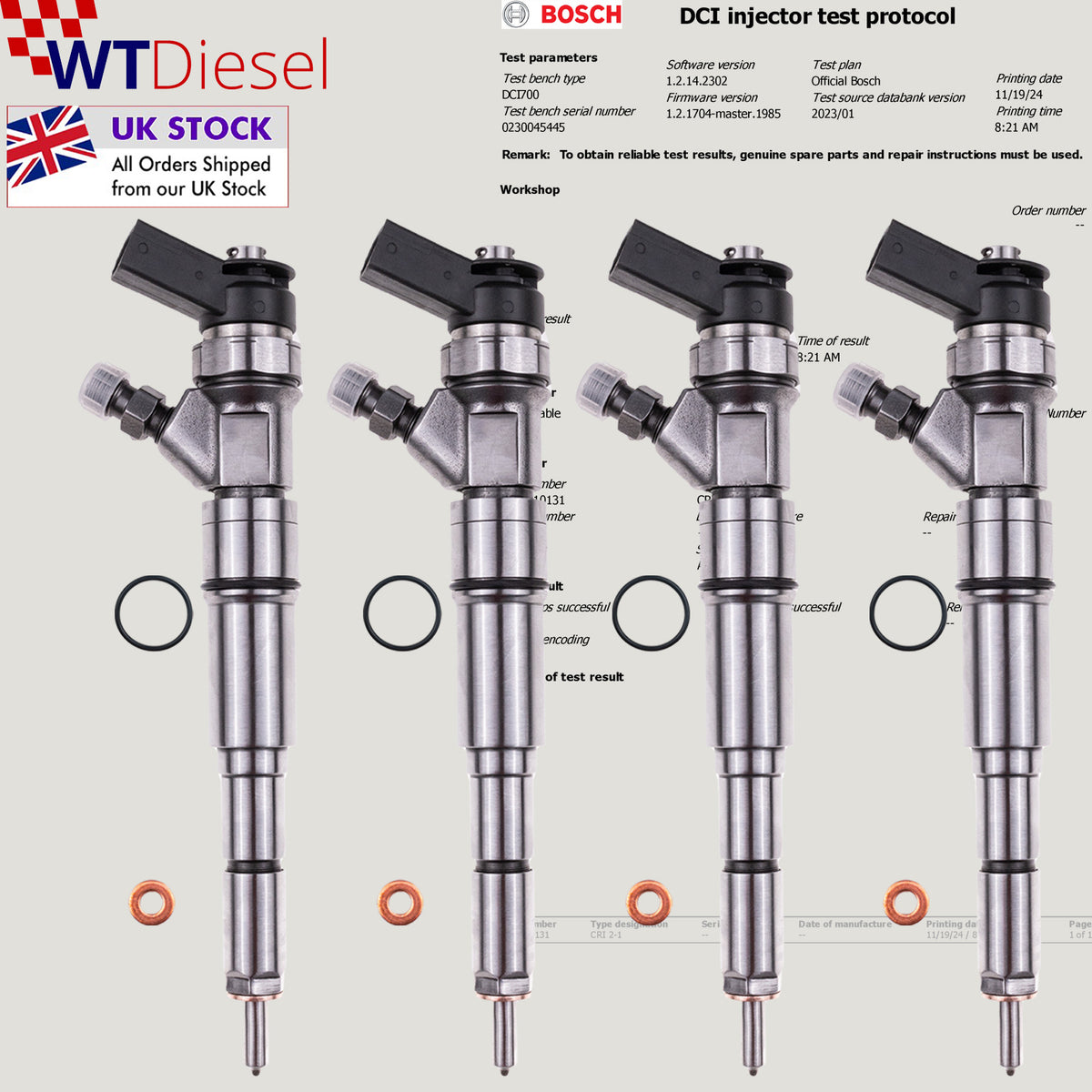 Set of 4 common rail diesel fuel injectors with references 0445110131 and 13537789661 for BMW E53 3.0d engines