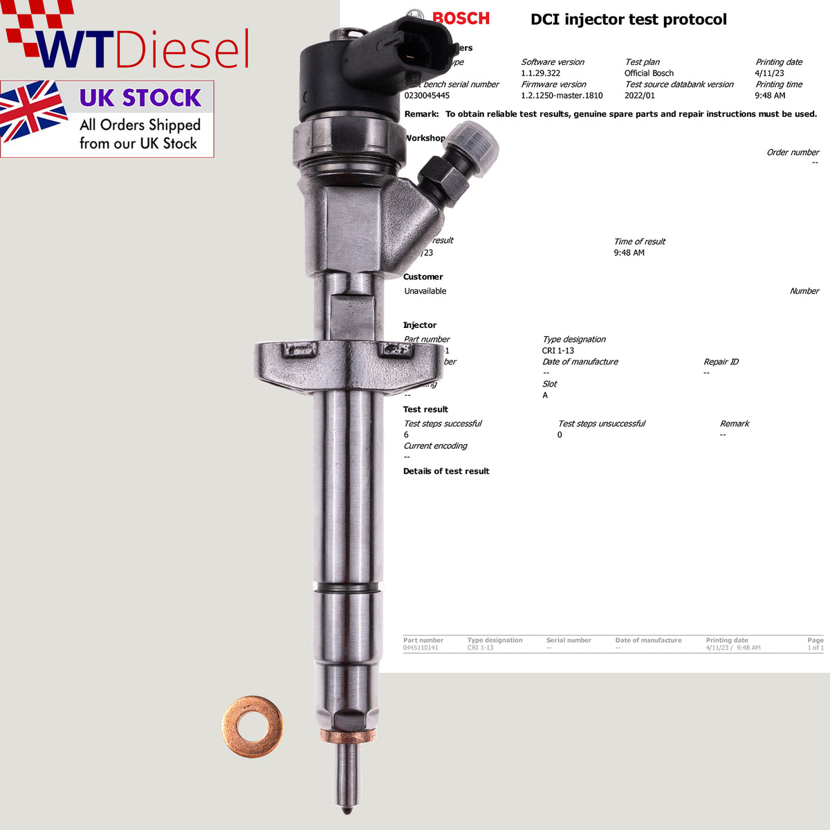 Bosch 0445110141 diesel fuel injector for Opel Movano 2.5 DTI, replacement reference 8200146357