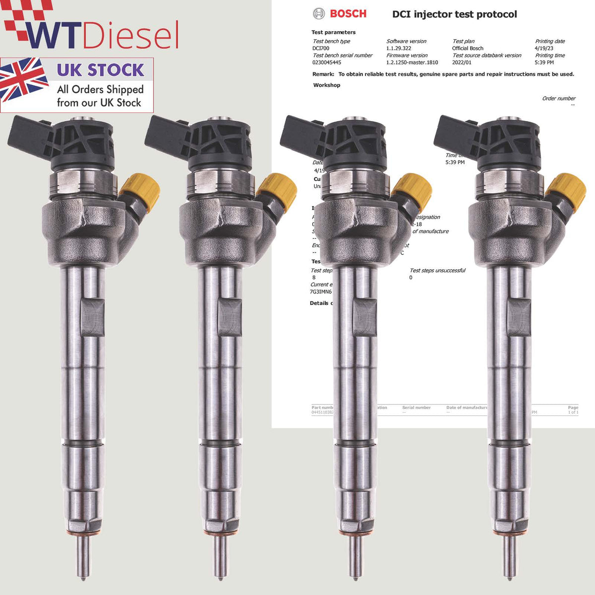Set of 4 Bosch common rail diesel fuel injectors with reference 0445110382 for BMW 1 Series F20 and F21, 2 Series 220d and 3 Series 320d and 325d models