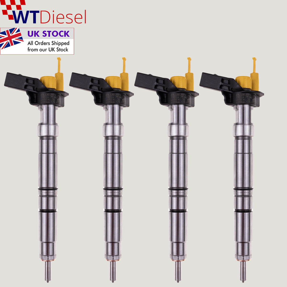 Set of 4 Bosch diesel fuel injectors with references 0445116035 and 03L130277C for Volkswagen Multivan T5 and Transporter T5 2.0 TDI and BiTDI diesel models