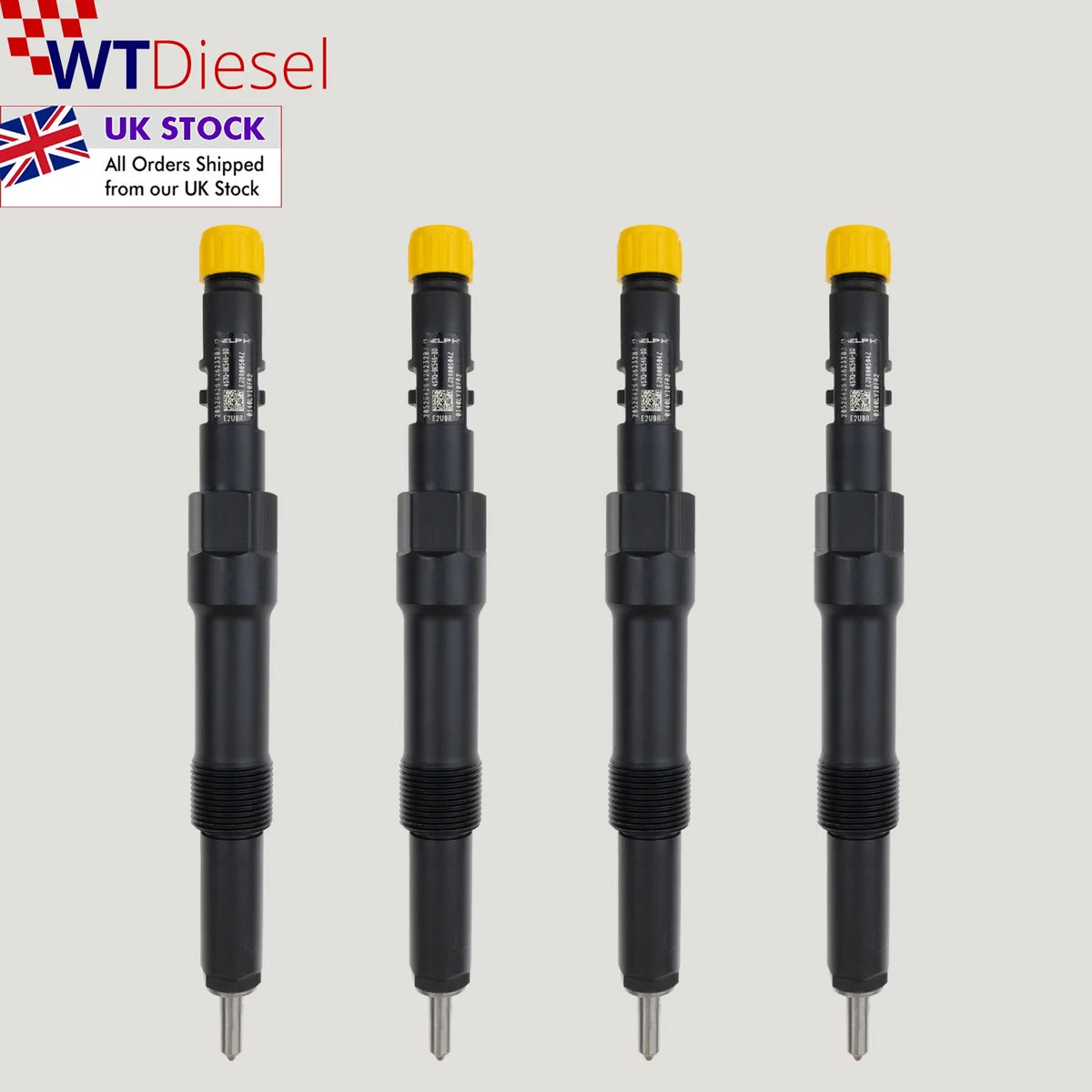 Set of 4 Delphi EJDR00504Z 4S7Q9K546BD diesel fuel injectors for Jaguar X-Type 2.0 D models