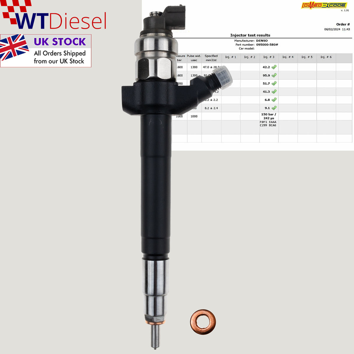Individual Denso diesel fuel injector with references 6C1Q9K546AC and 6C1Q9K546AB for Ford Transit 2.2 TDCi, Fiat Ducato 100 2.2 diesel, Citroen Jumper and Peugeot Boxer 2.2 HDi vehicles