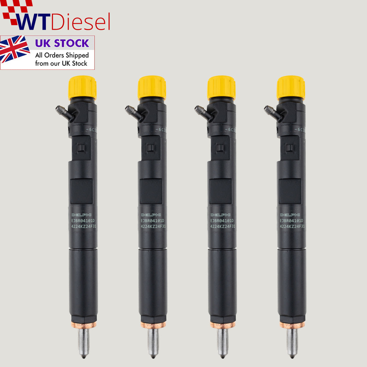 Set of 4 Delphi EJBR04101D diesel injectors for Renault Clio and Kangoo 1.5 DCi, part references 01401Z 01701Z 02101Z