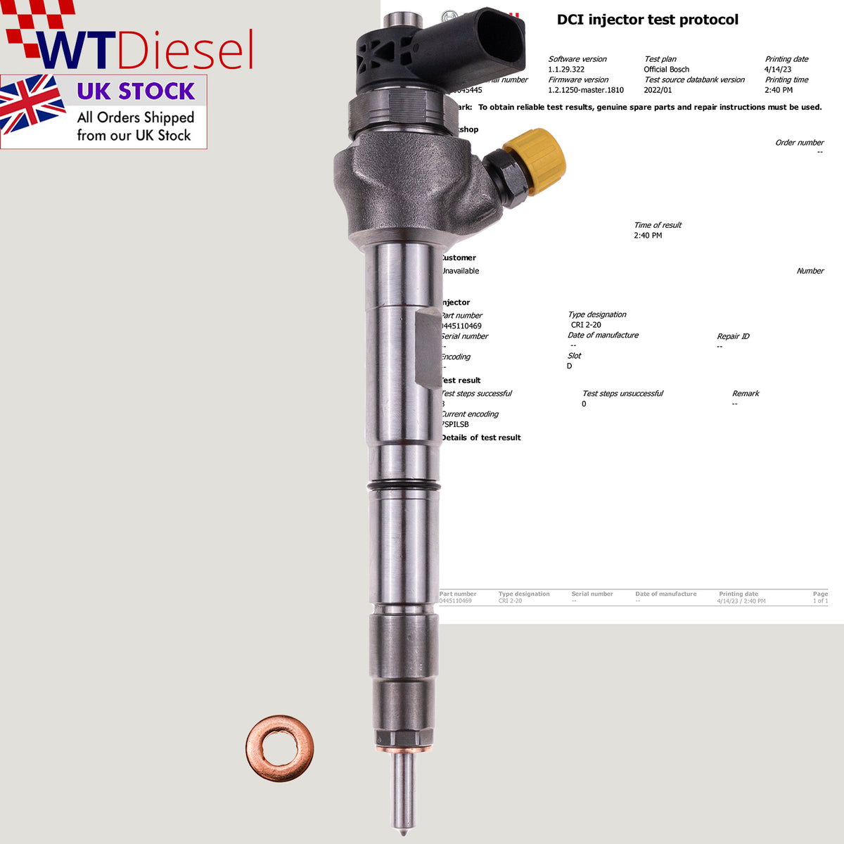 Bosch 0445110469 diesel fuel injector for Volkswagen Beetle, Golf and Passat 2.0 TDI models, with listed references 0445110468, 45353 and 6445515