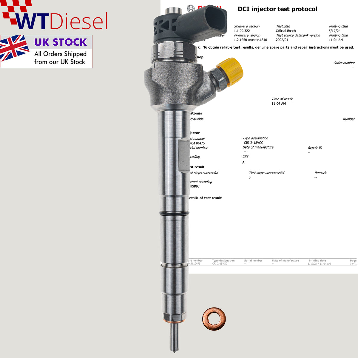 Bosch 0445110475 04L130277E diesel fuel injector for Volkswagen Golf and Touran 2.0 TDI engines