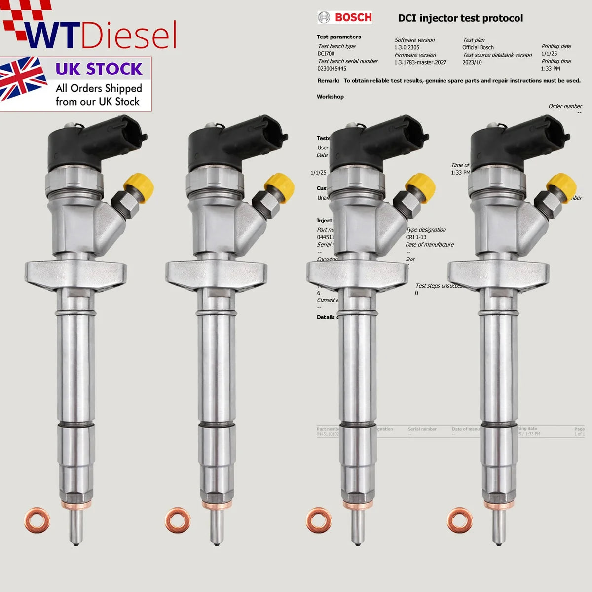 Set of 4 Bosch 0445110102 diesel fuel injectors for Nissan Interstar 2.2 dCi and Opel Movano A 2.2 DTI