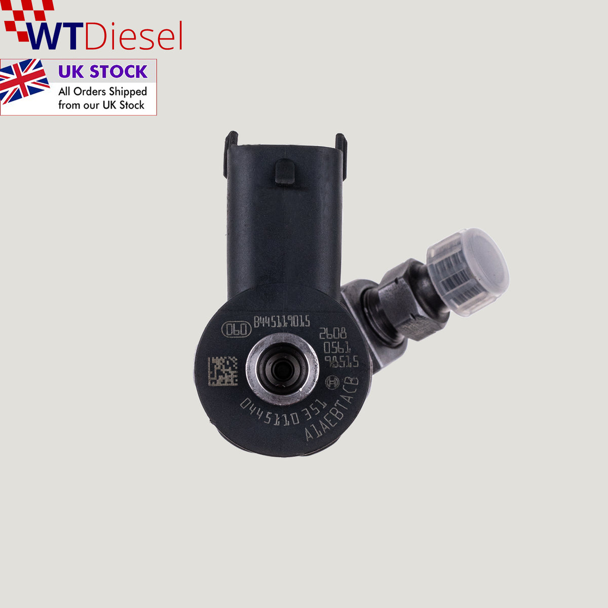 Single Bosch diesel fuel injector with part references 0445110351, 0986435204 and 55219886 for listed Alfa Romeo, Fiat, Vauxhall, Opel, Citroen and Peugeot 1.3 Multijet, CDTI and HDi diesel applications
