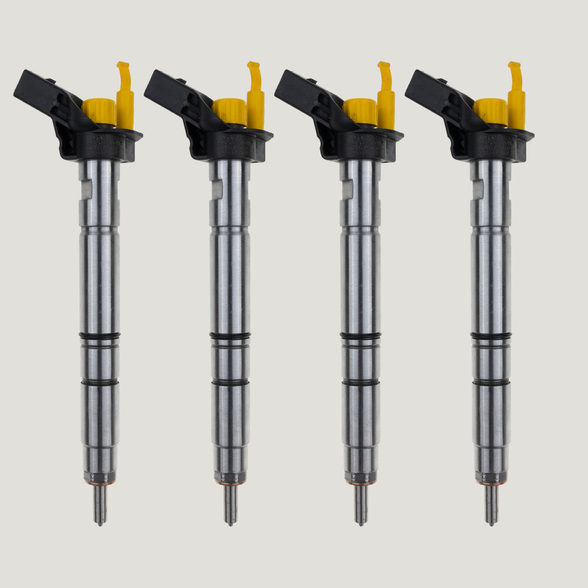 Set of 4 Bosch common rail diesel fuel injectors with part numbers 0445117022 and 059130277CD for Audi A4, A5, A6, A7 and A8 3.0 TDI engines