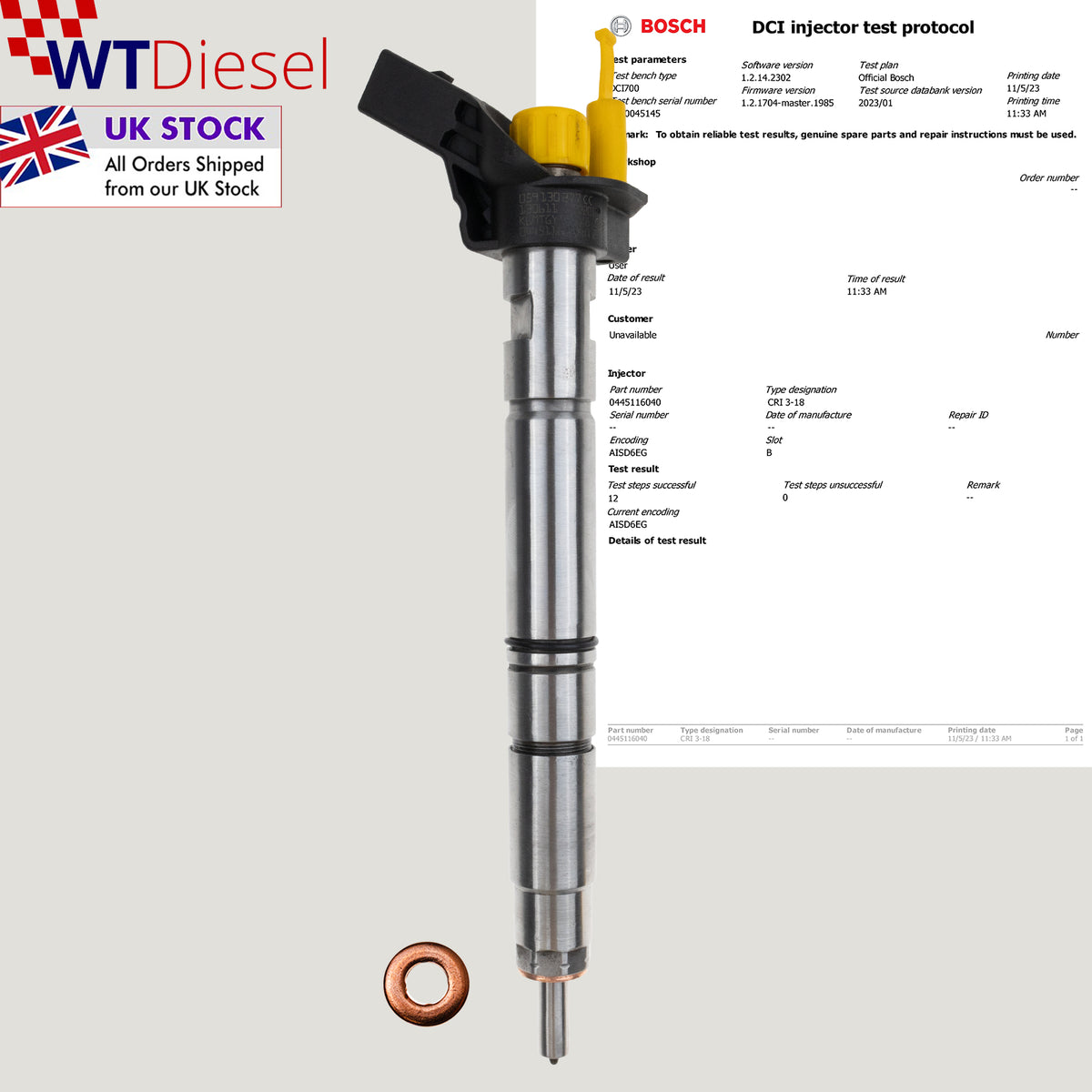 Bosch 0445116040 common rail diesel injector for Audi A6 and A7 3.0 TDI models, references 0445116039 and 059130277CC