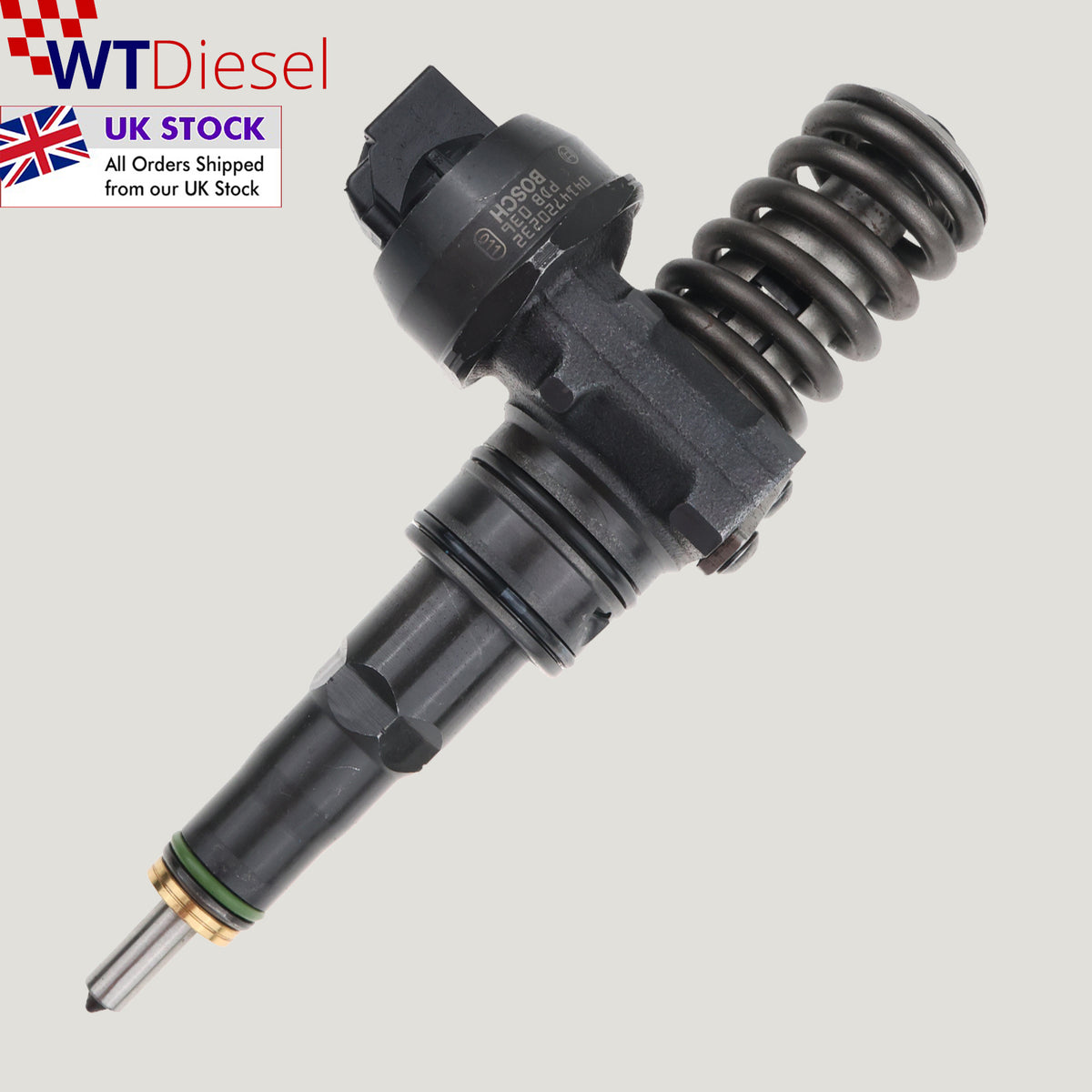 Single Bosch 0414720232 diesel fuel injector with OEM reference 038130073BR for Audi, Seat, Skoda and Volkswagen 2.0 TDI diesel engines