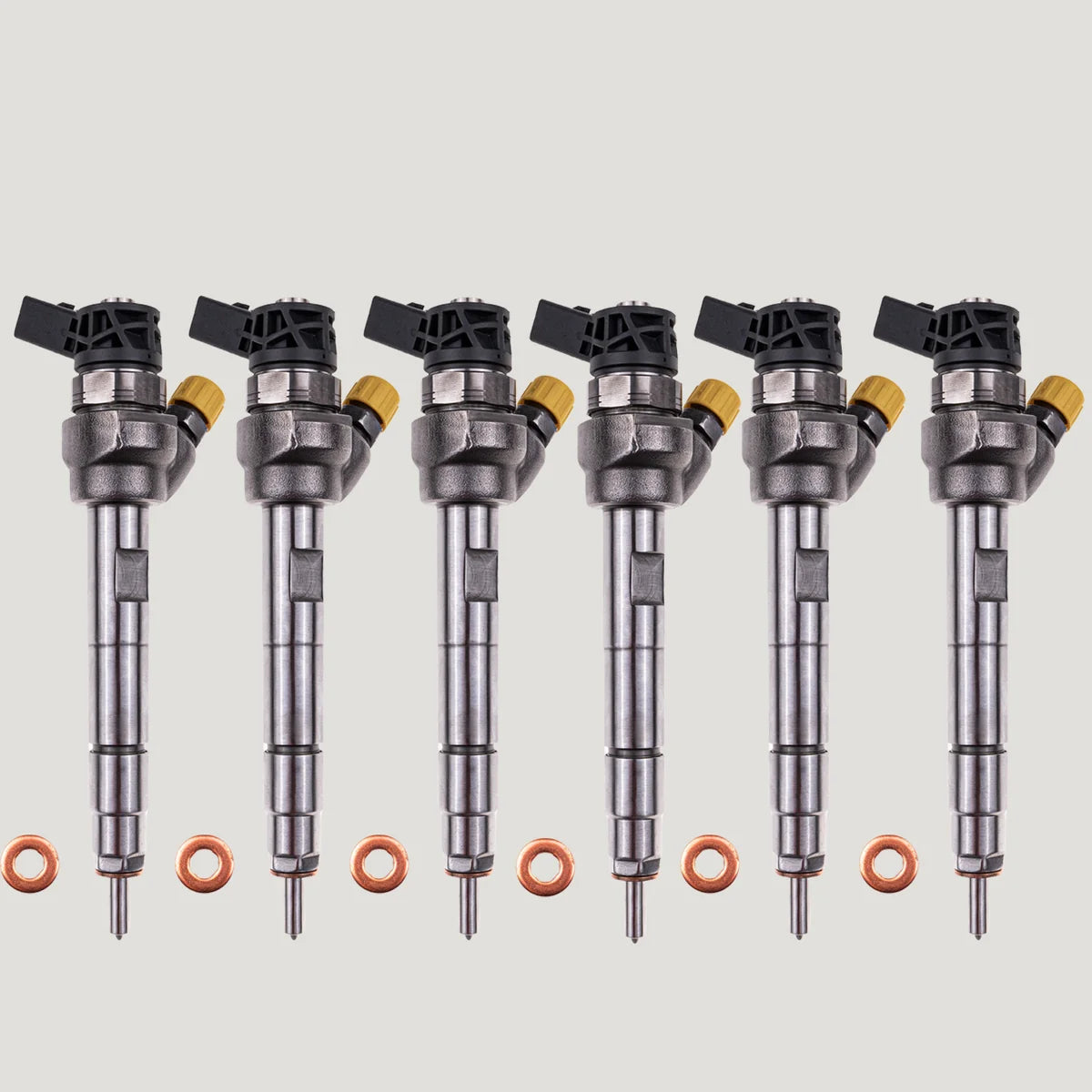 Set of 6 Bosch diesel fuel injectors for BMW 2 Series 220d models, featuring common rail injector part number 0445110382