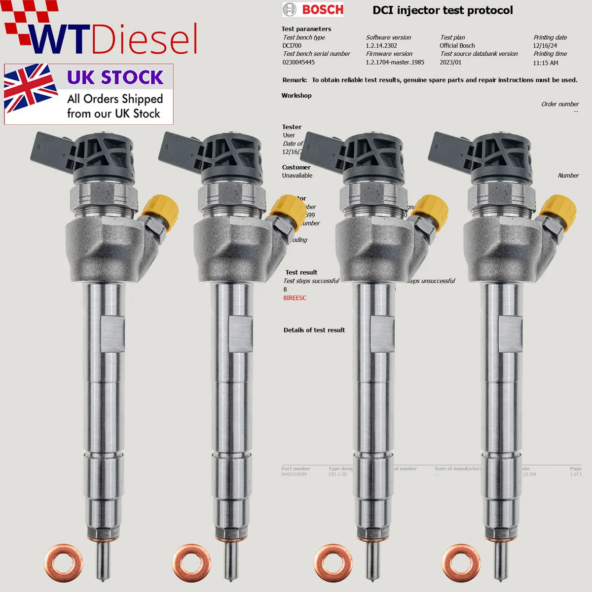 Set of 4 Bosch 0445110599 diesel fuel injectors for BMW and MINI 1.6 diesel engines, OEM reference 13538515061