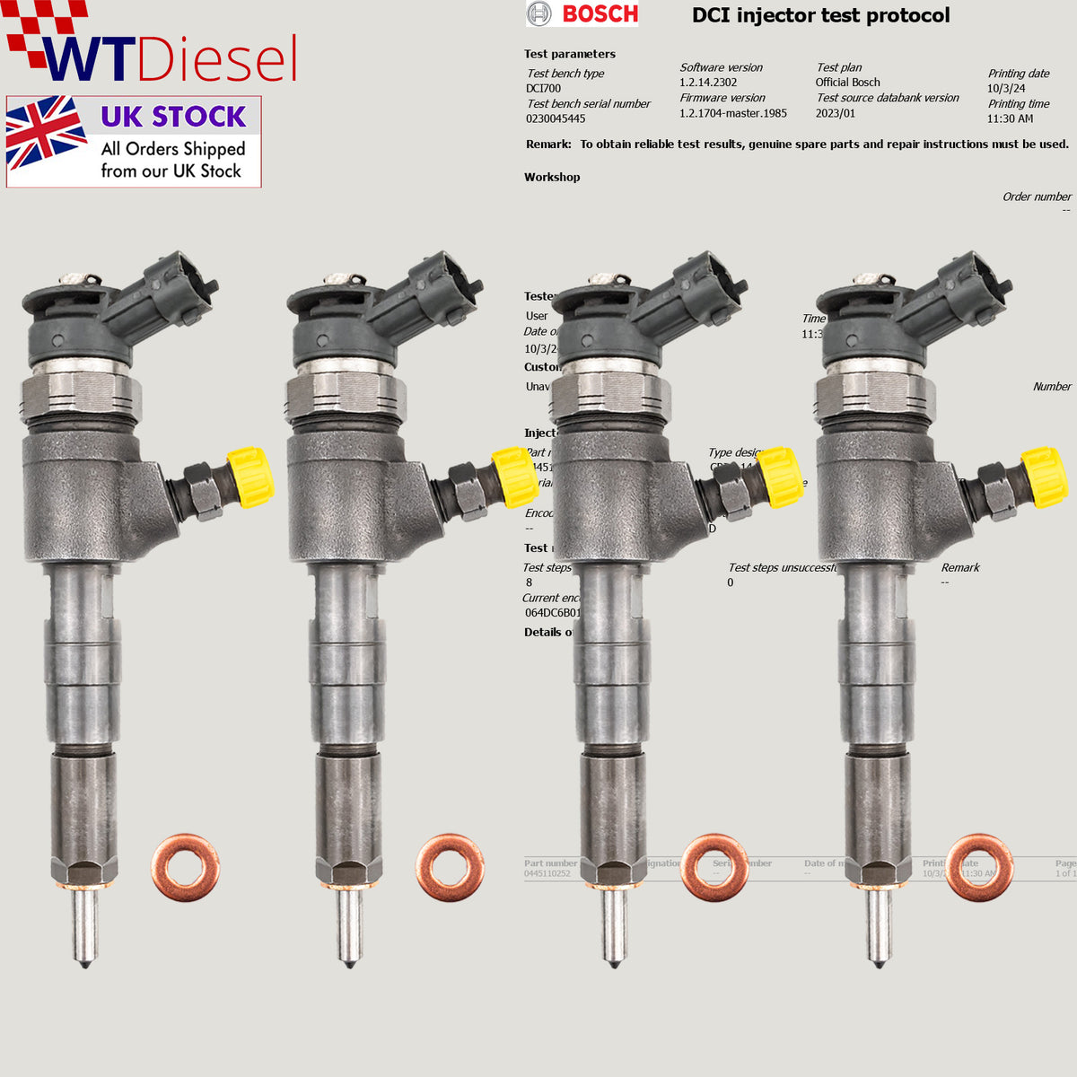 Set of 4 Bosch 0445110252 diesel injectors for Peugeot 206 and 207 1.4 HDi 0986435143