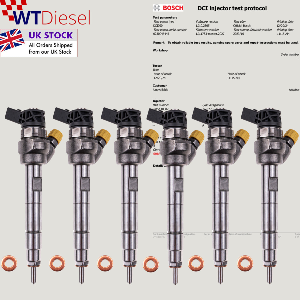 Set of 6 Bosch common rail diesel fuel injectors with reference 0445110382 for BMW 2 Series 220d diesel engines