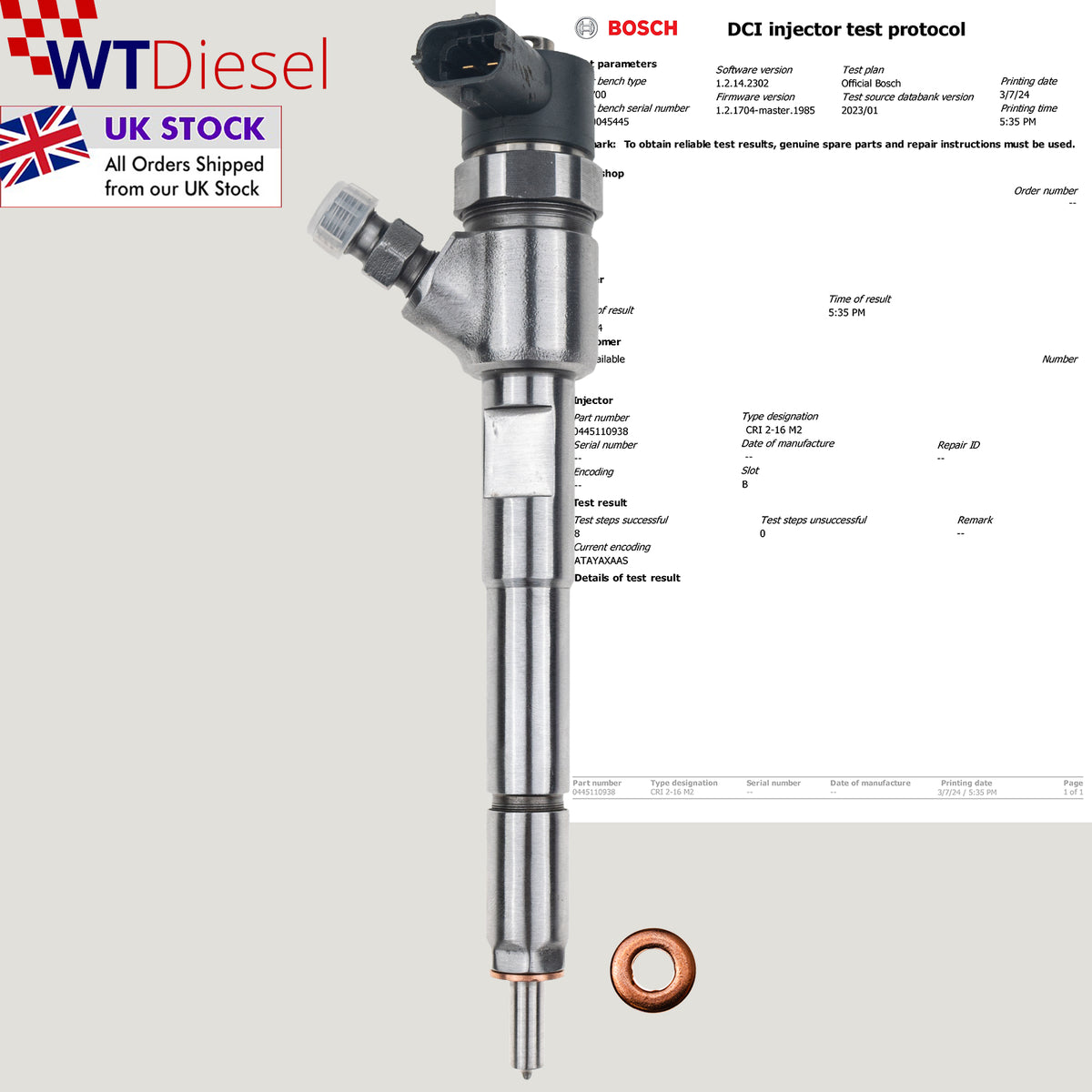 Bosch 0445110937 diesel injector for Fiat Qubo 500X and Tipo 1.3 D Multijet 46337726