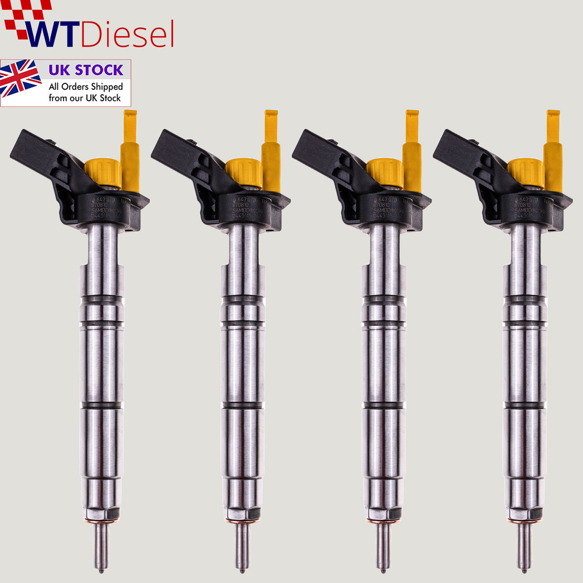 Complete set of 4 Bosch diesel fuel injectors numbered 0445115064 for Mercedes-Benz C-Class 320 CDI, CLK 320 CDI, CLS 320 CDI and E-Class 280, 300 and 320 CDI models
