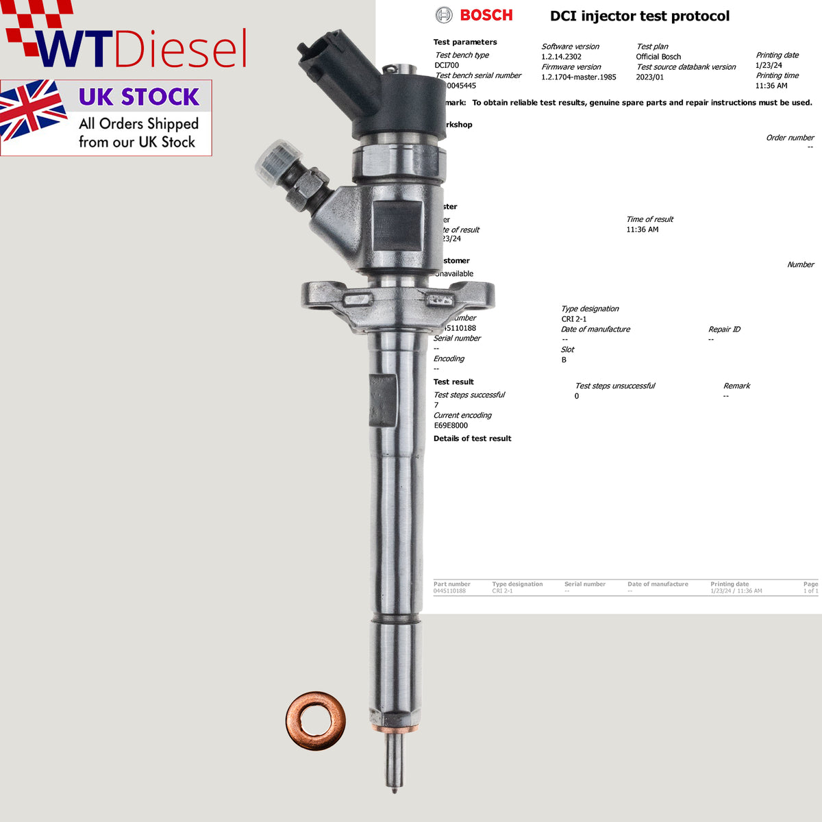 Bosch 0445110188 diesel fuel injector for Ford Focus II and Fusion 1.6 TDCi and Mazda 3 1.6 diesel, references 1609849380 and 3M5Q9A593GA