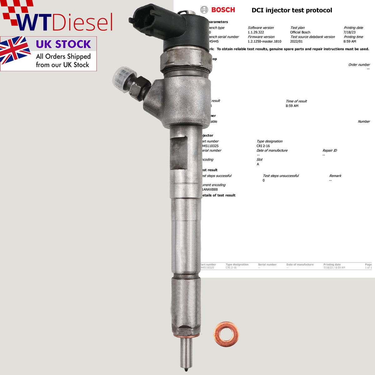 Bosch diesel injector for Chevrolet and Opel 1.3 D applications, part numbers 0445110325, 55214132 and 93195389