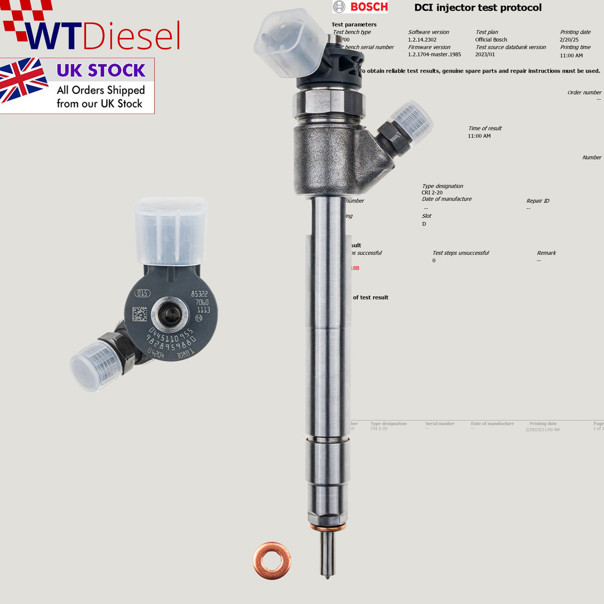Individual Bosch common rail diesel fuel injector with references 9828959880 and 0445110955 for Citroen 1.5 BlueHDi vehicles