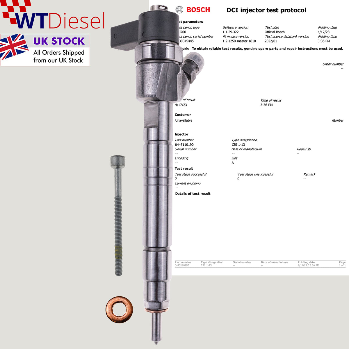 Mercedes Sprinter 2.7 CDI common rail diesel fuel injector, Bosch 0445110190 and OEM reference A6110701487