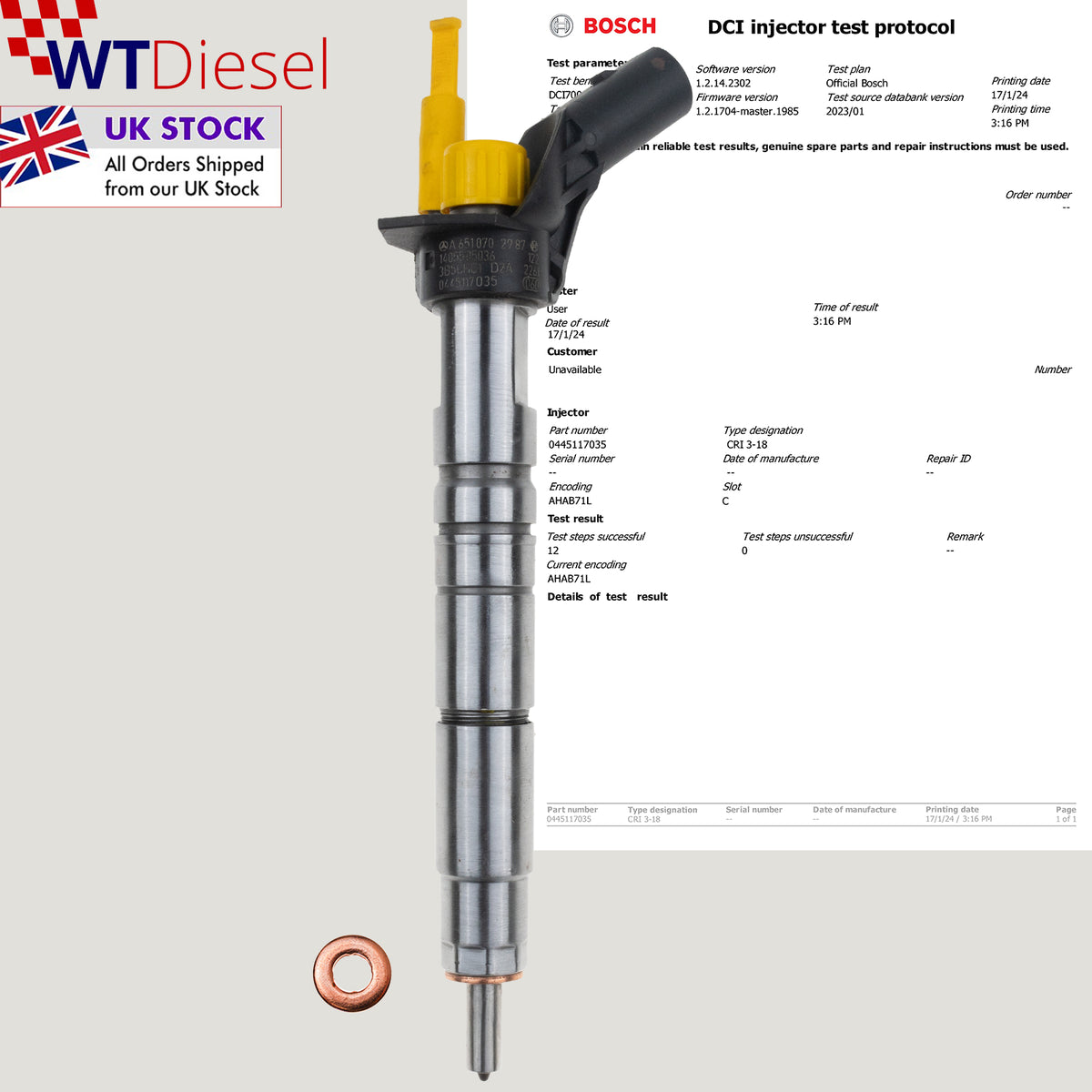 Bosch 0445117035 common rail diesel fuel injector for Mercedes-Benz Sprinter 310 CDI, GLA 220 CDI, GLC 220 CDI, GLE 250 d and GLK 250 d