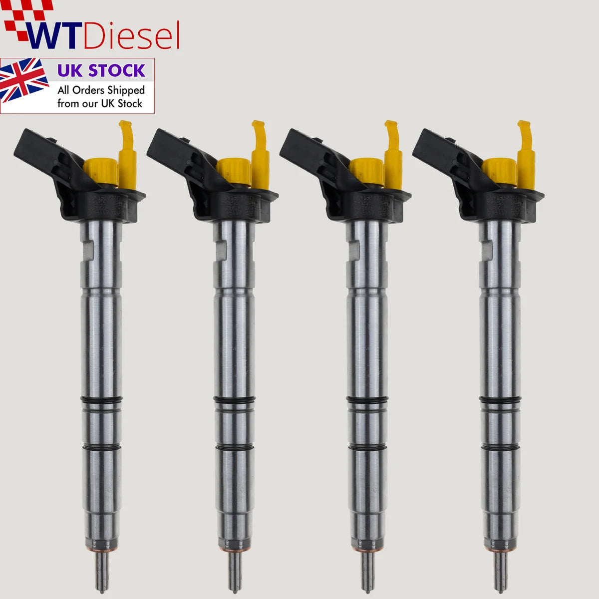 Set of 4 Bosch common rail diesel injectors with part numbers 0445117022 and 059130277CD for Porsche Cayenne, Porsche Panamera and Volkswagen Touareg 3.0 TDI engines