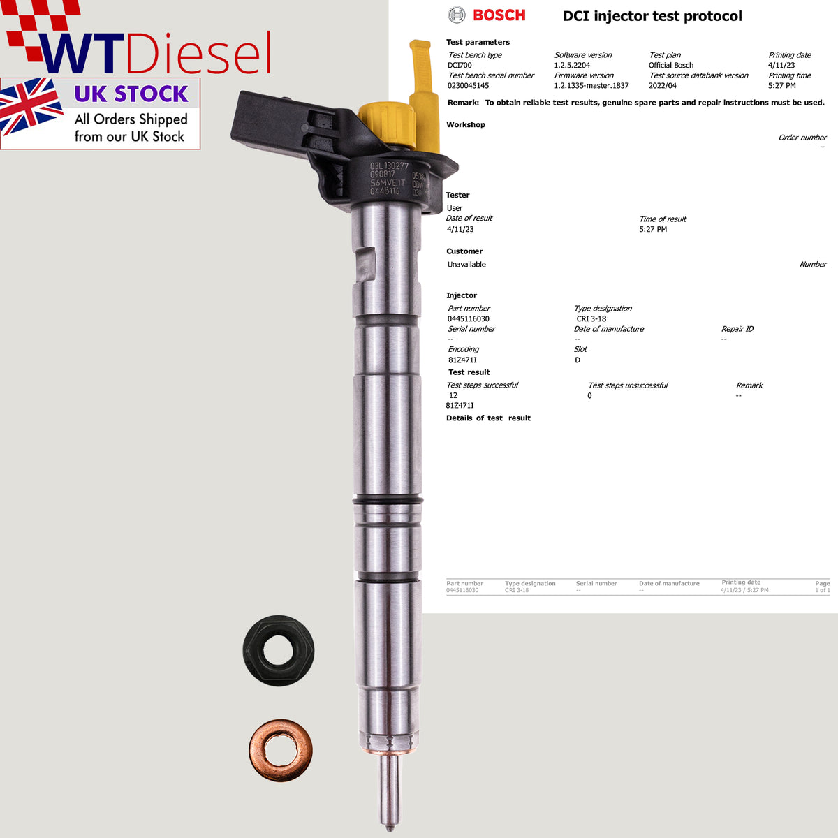 Individual Bosch diesel fuel injector with references 0445116030 and 03L130277 for Seat Altea, Skoda Octavia II, Superb II and Yeti 2.0 TDI diesel models