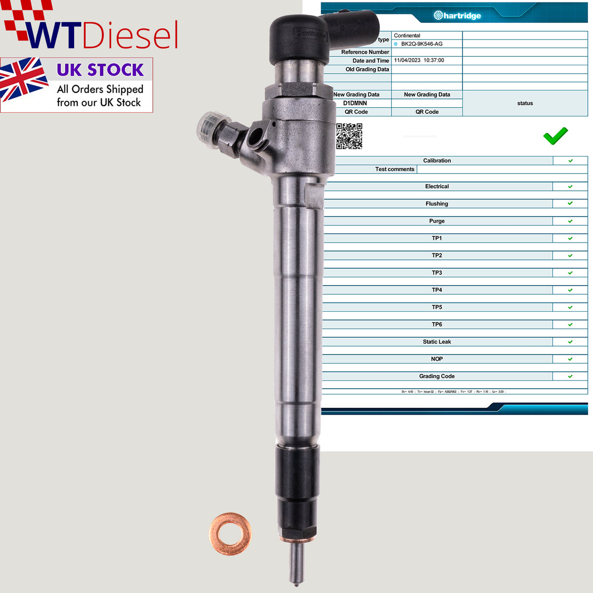 Single Siemens common rail diesel fuel injector with part numbers 9801125480 and BK2Q9K546AG for Citroen, Ford and Peugeot 2.2 TDCi diesel applications