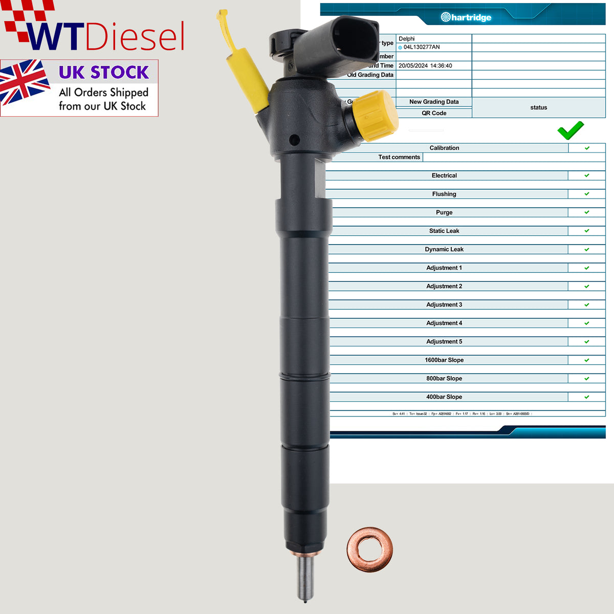 Single Delphi diesel fuel injector with part numbers 04L130277AN and 28506046 for Skoda Karoq, Octavia and VW Golf 1.6 TDI models