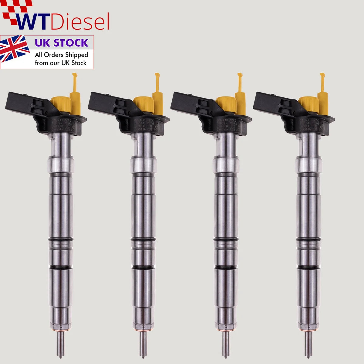 Four Bosch common rail diesel fuel injectors with part numbers 03L130277C and 0445116035 for VW Multivan T5 2.0 TDI and Transporter T5 2.0 BiTDI engines