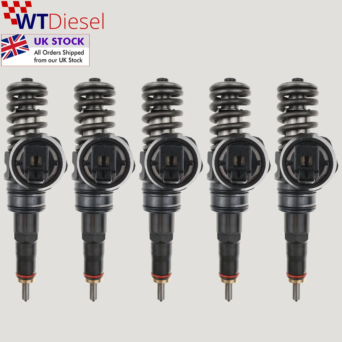 Five Bosch diesel fuel injectors with reference 0414720210 for listed VW Touareg, Multivan and Transporter 2.5–5.0 TDI models